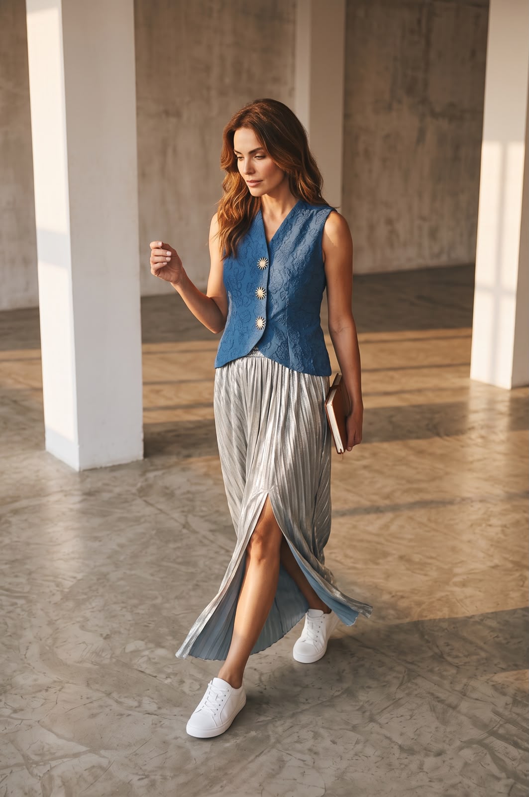 Women's Blue Sleeveless Top & Silver Pleated Midi Skirt Co-Ord Set