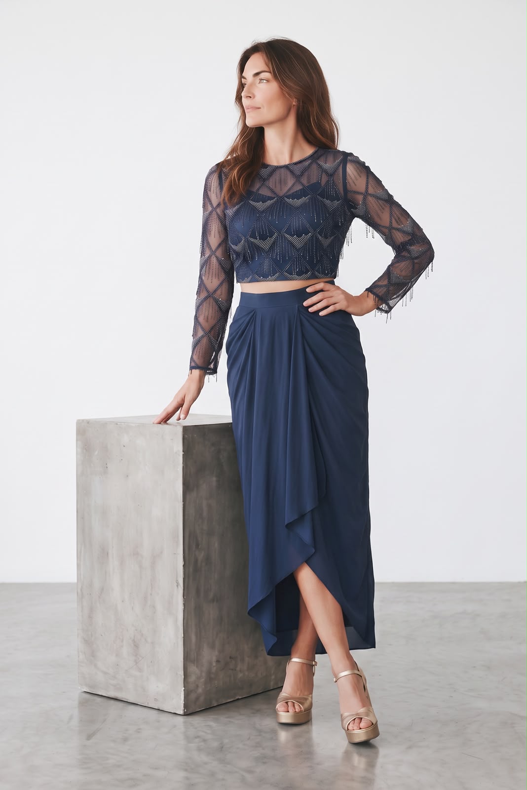 Midnight Elegance Embellished Navy Crop Top & Drape Skirt Co-Ord Set