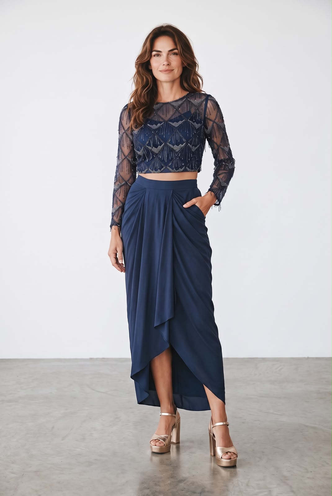 Midnight Elegance Embellished Navy Crop Top & Drape Skirt Co-Ord Set