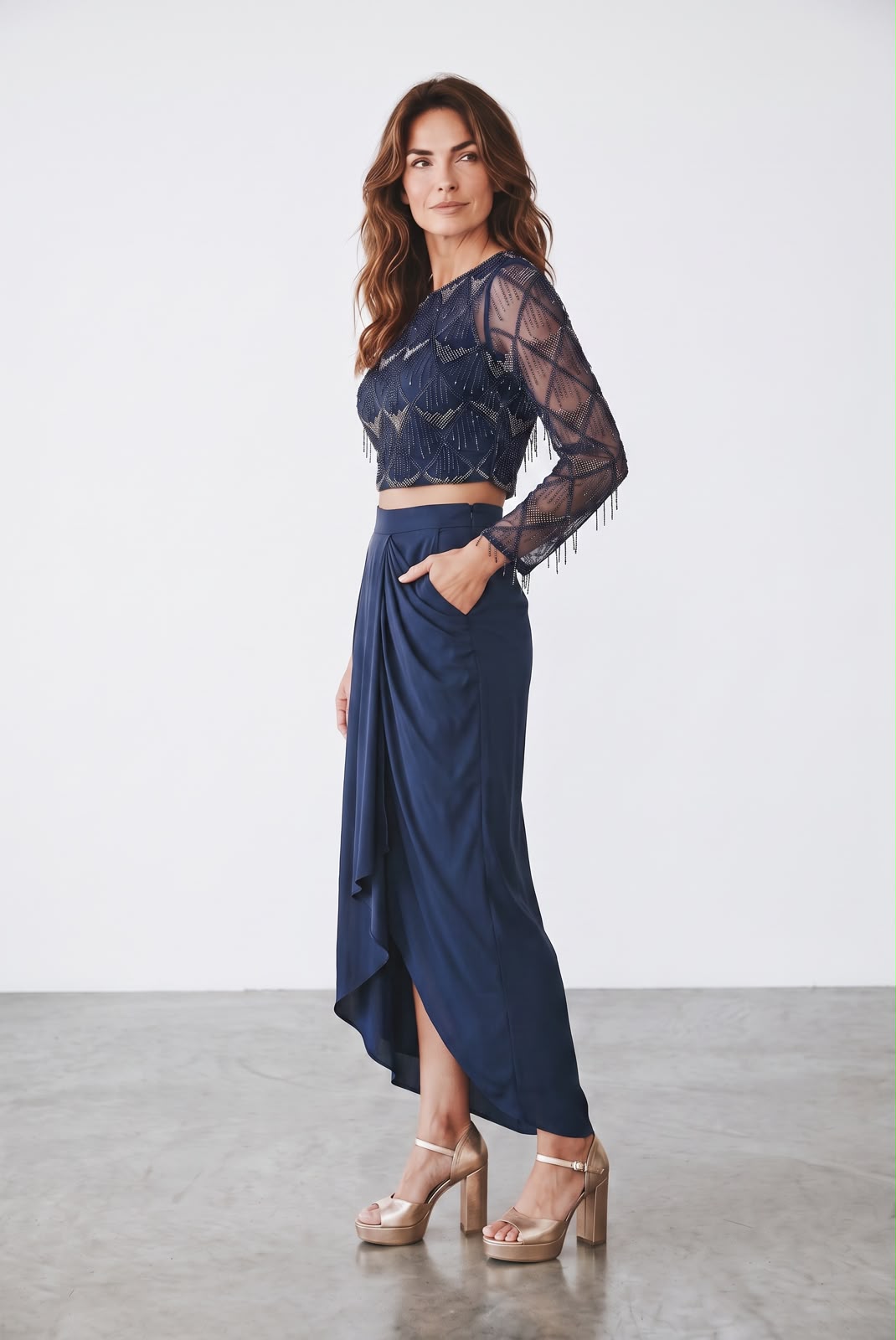 Midnight Elegance Embellished Navy Crop Top & Drape Skirt Co-Ord Set