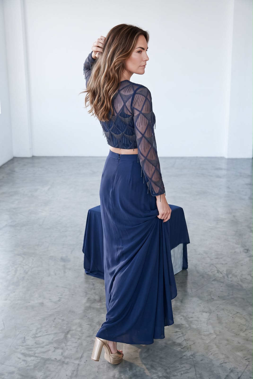 Midnight Elegance Embellished Navy Crop Top & Drape Skirt Co-Ord Set