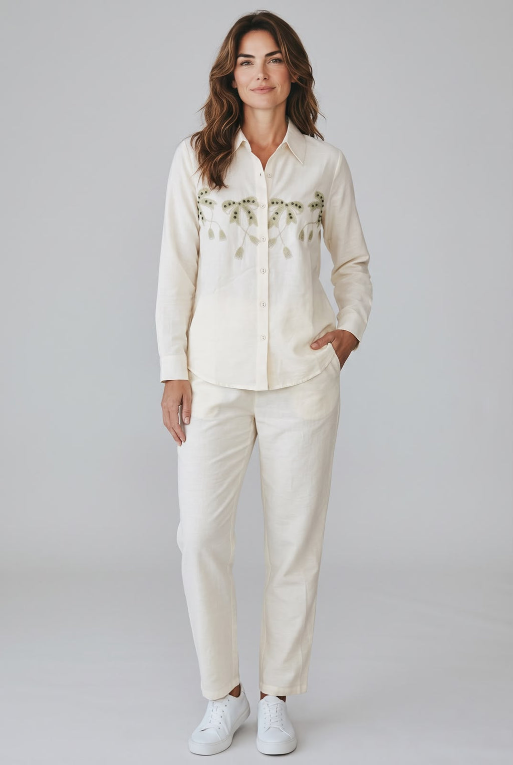 Ivory Botanical Embroidered Shirt & Trouser Set