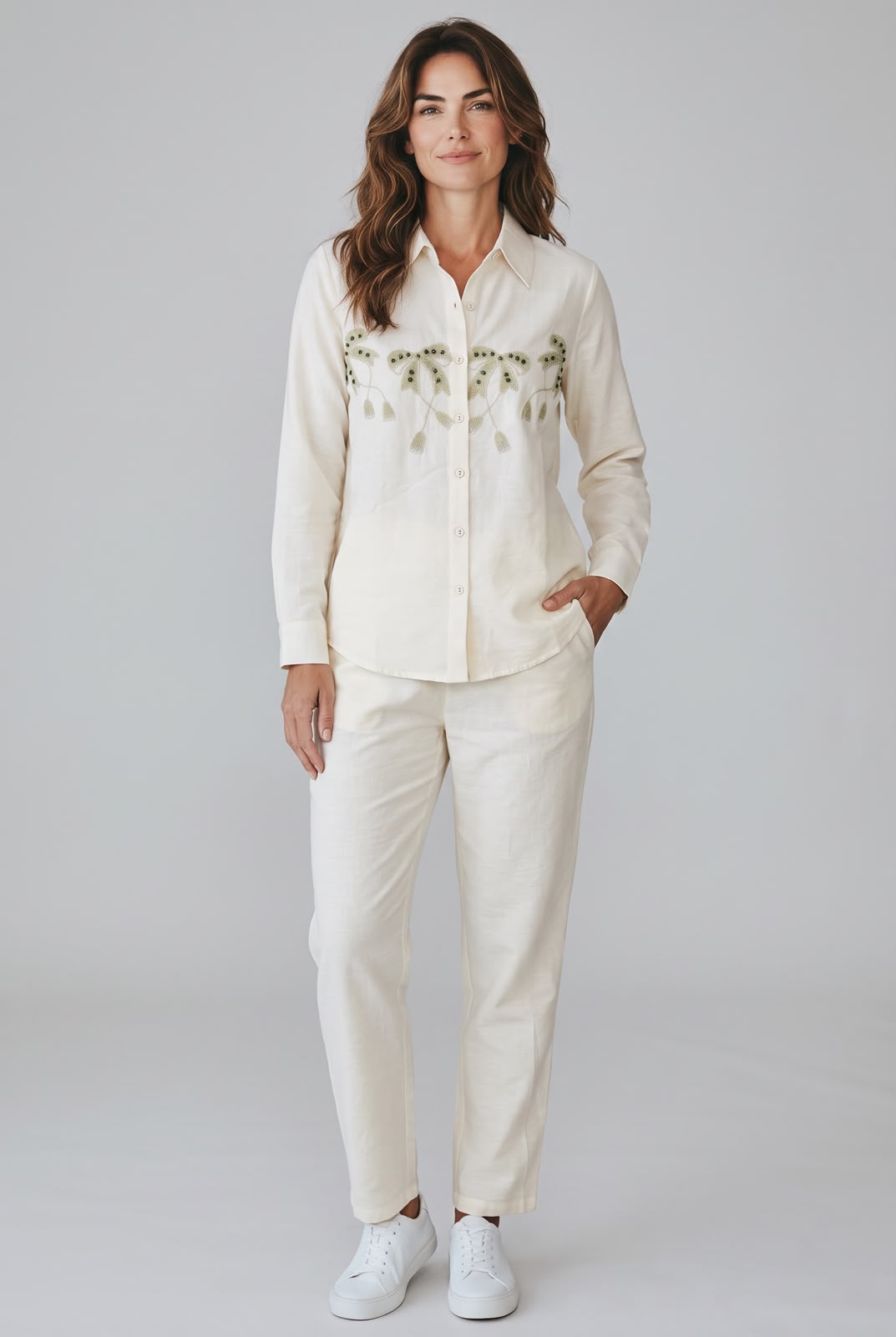 Ivory Botanical Embroidered Shirt & Trouser Set
