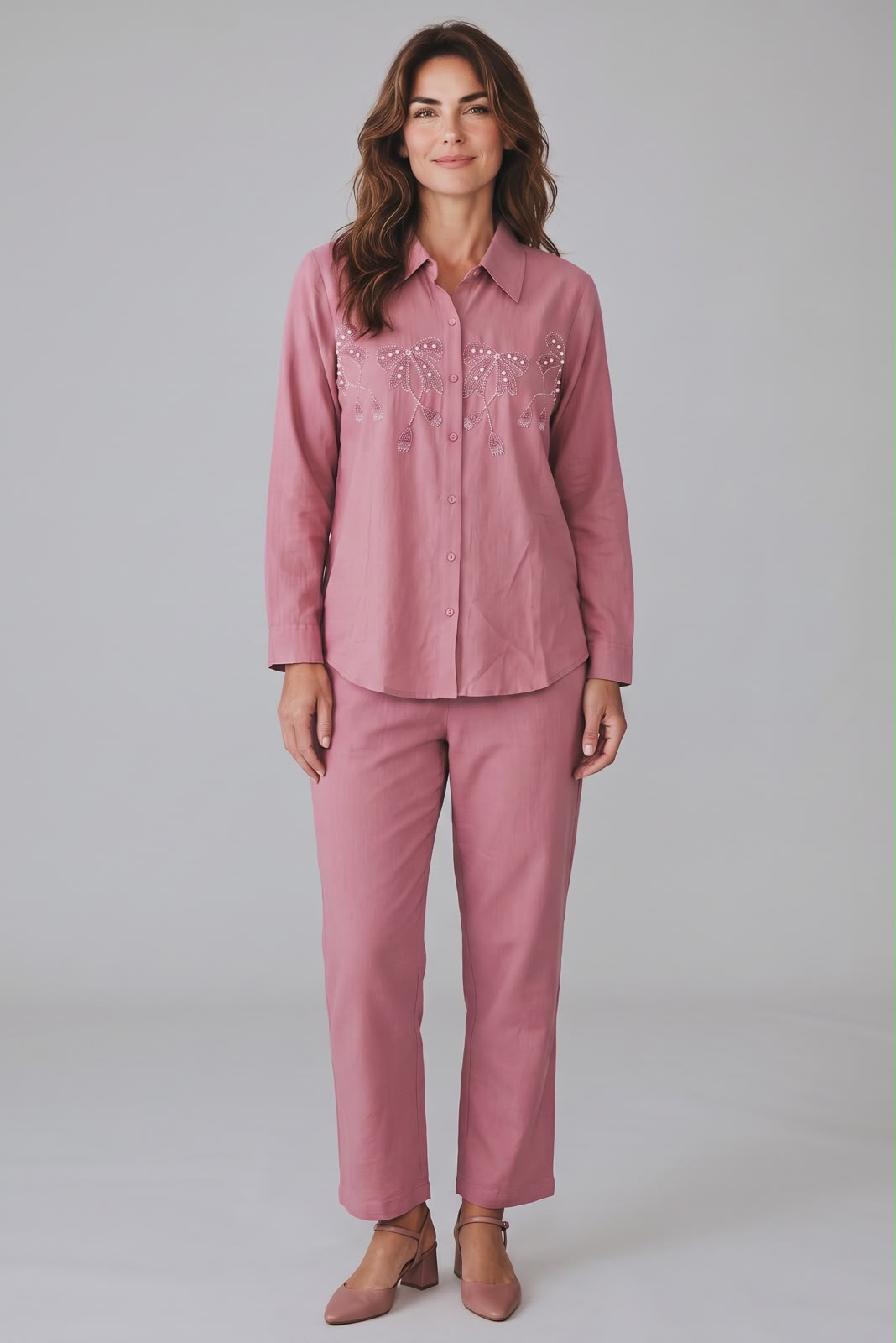 Pink Botanical Embroidered Shirt & Trouser Set