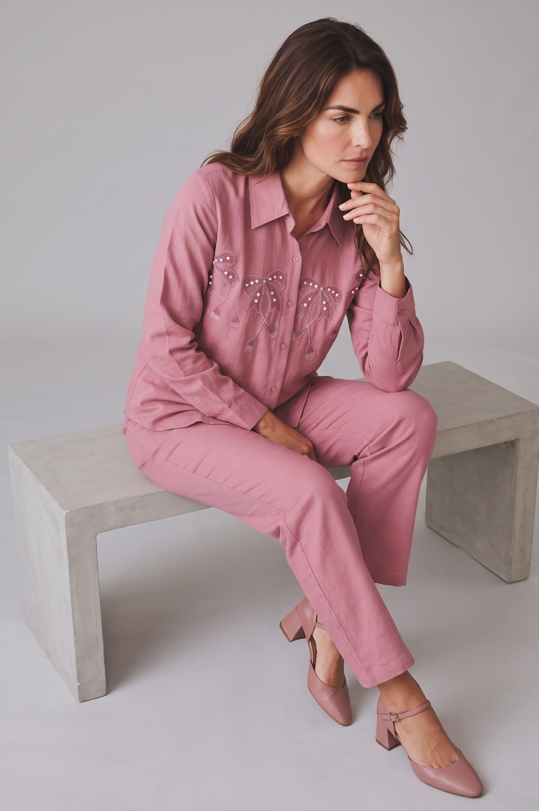 Pink Botanical Embroidered Shirt & Trouser Set
