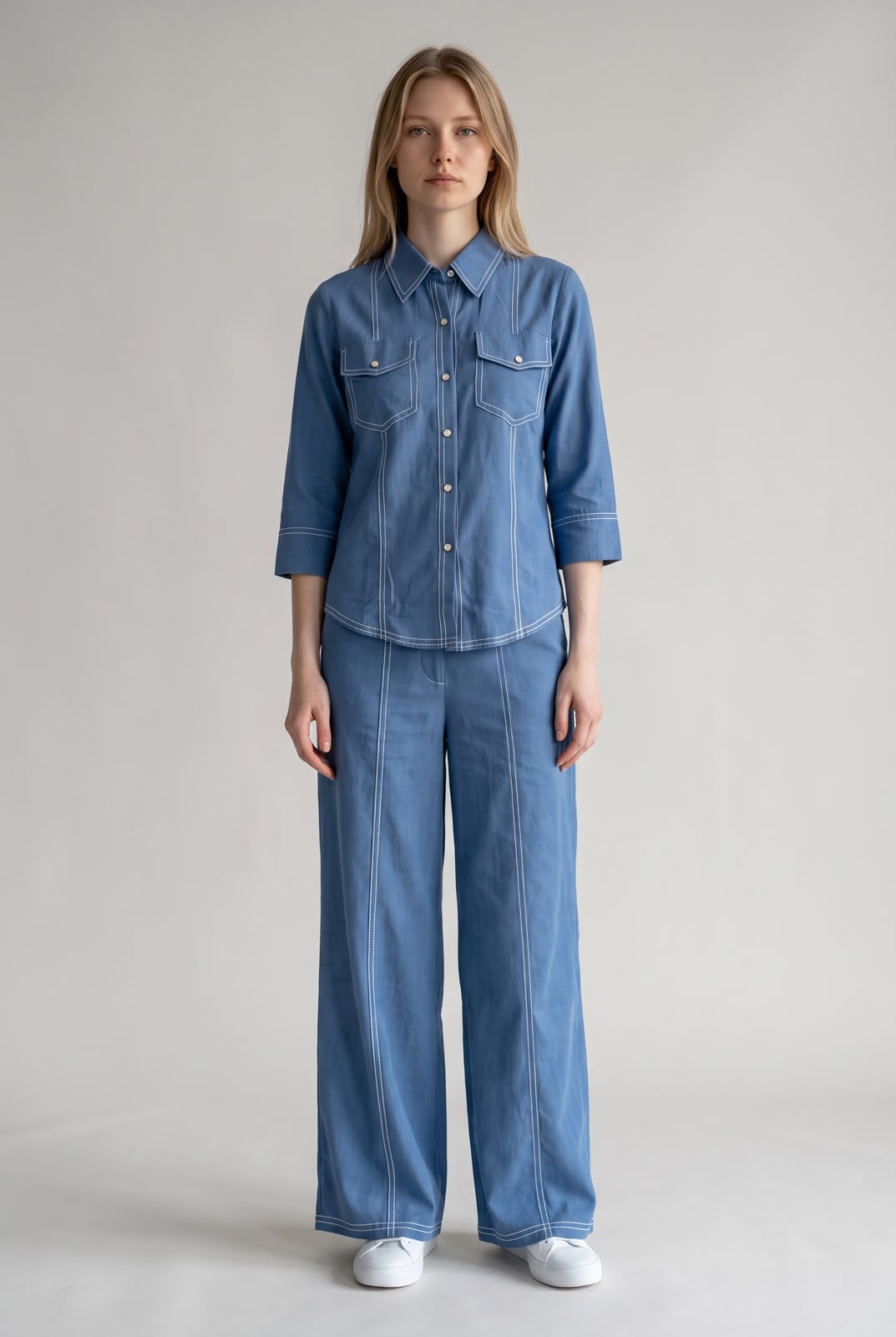Denim Blue Contrast Stitch Shirt & Trouser Set