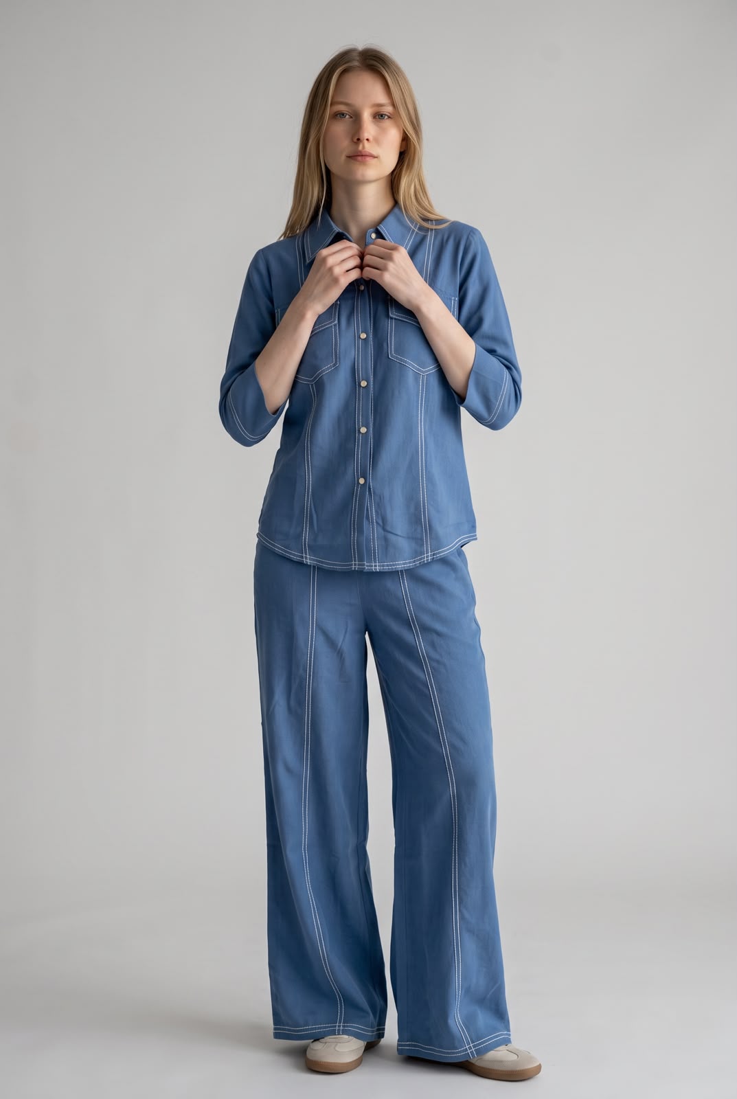 Denim Blue Contrast Stitch Shirt & Trouser Set