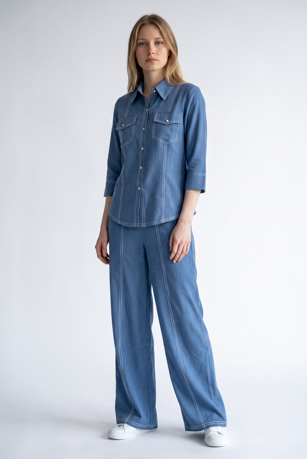 Denim Blue Contrast Stitch Shirt & Trouser Set