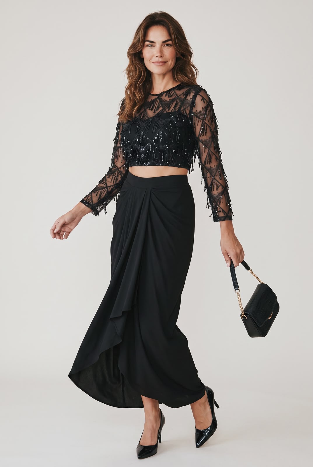 Midnight Elegance Embellished Black Crop Top & Drape Skirt Co-Ord Set