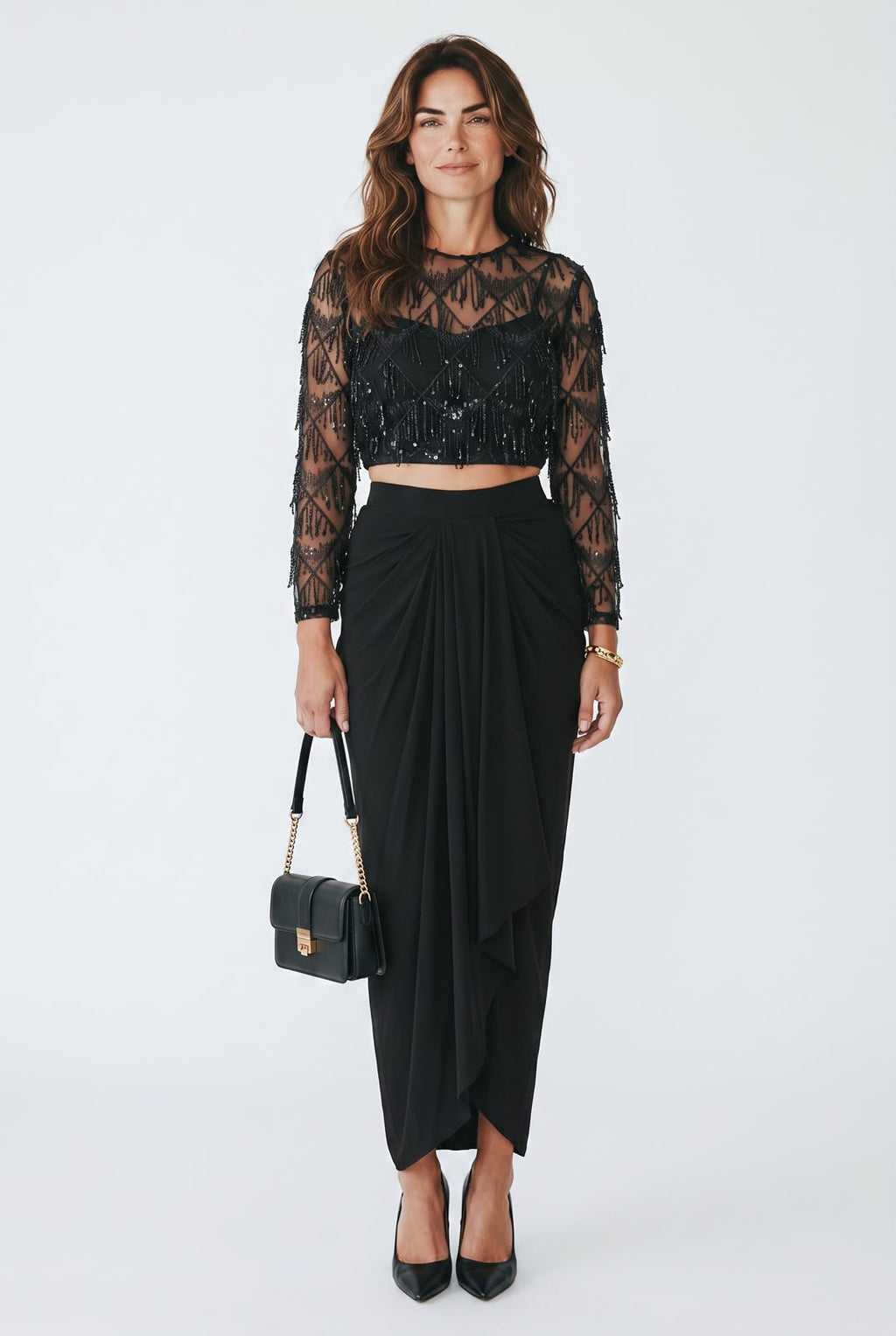 Midnight Elegance Embellished Black Crop Top & Drape Skirt Co-Ord Set