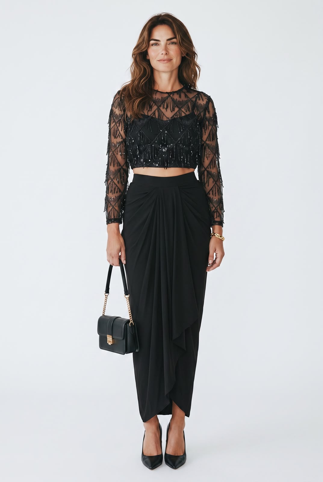Midnight Elegance Embellished Black Crop Top & Drape Skirt Co-Ord Set