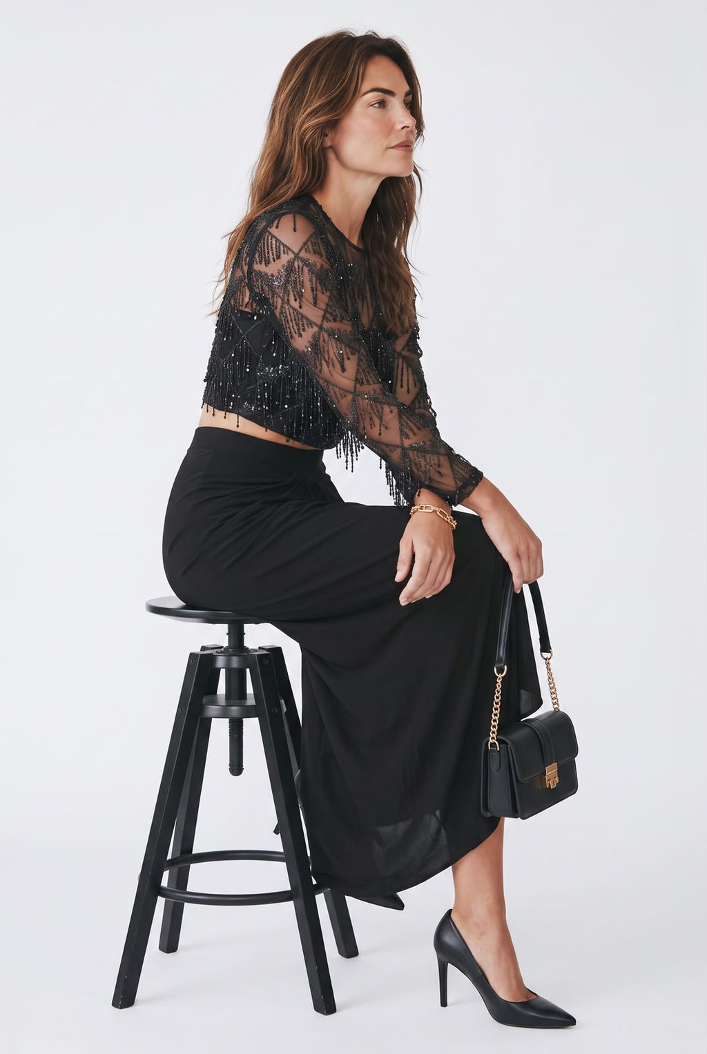 Midnight Elegance Embellished Black Crop Top & Drape Skirt Co-Ord Set