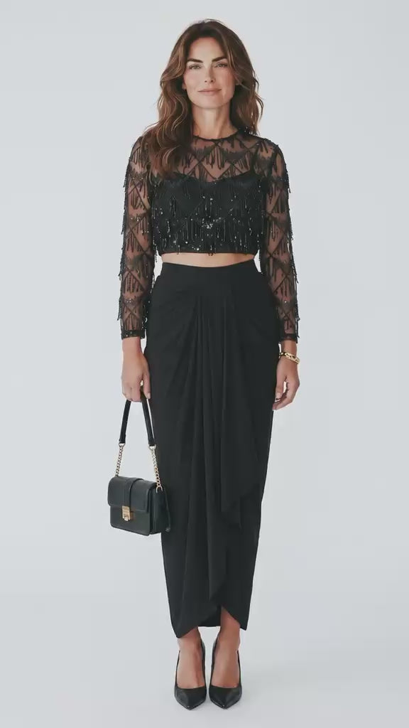Midnight Elegance Embellished Black Crop Top & Drape Skirt Co-Ord Set