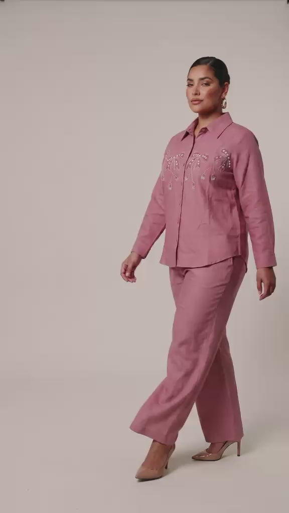Pink Botanical Embroidered Shirt & Trouser Set