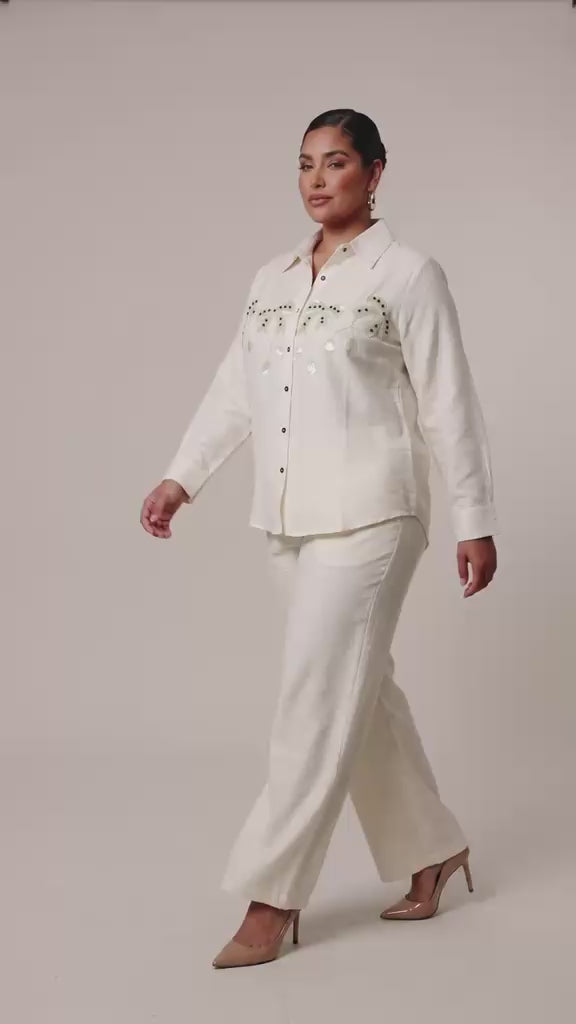 Ivory Botanical Embroidered Shirt & Trouser Set