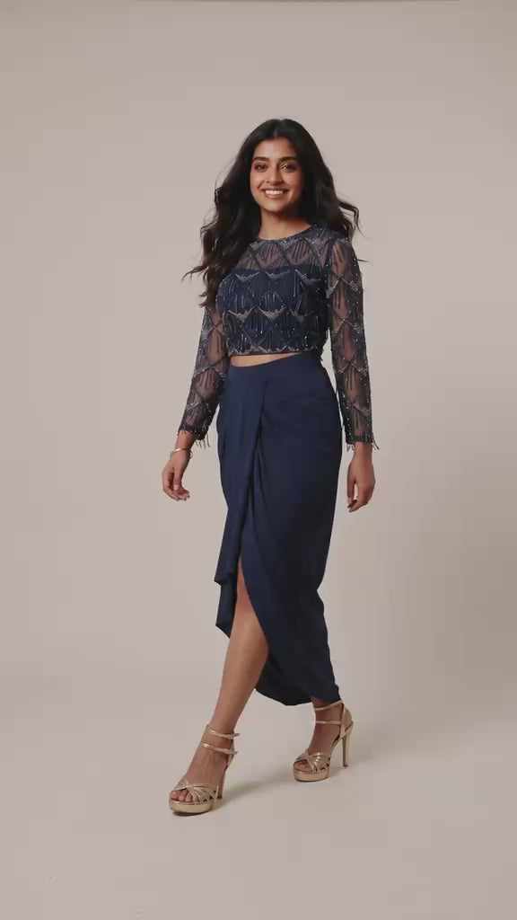 Midnight Elegance Embellished Navy Crop Top & Drape Skirt Co-Ord Set