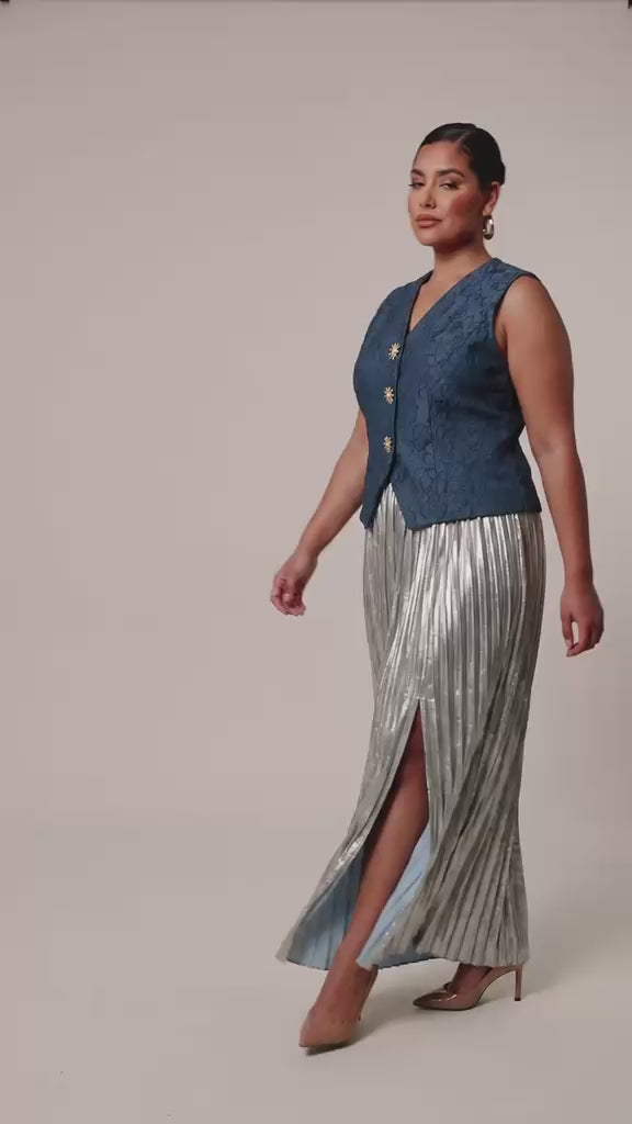 Women's Blue Sleeveless Top & Silver Pleated Midi Skirt Co-Ord Set