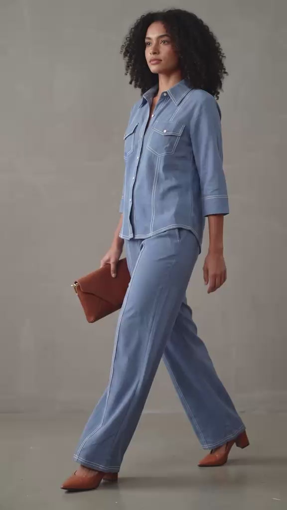 Denim Blue Contrast Stitch Shirt & Trouser Set